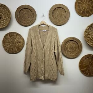 Old Navy Cable Knit Cardigan Sweater Large Tan Button Oversized Cozy Cotton
